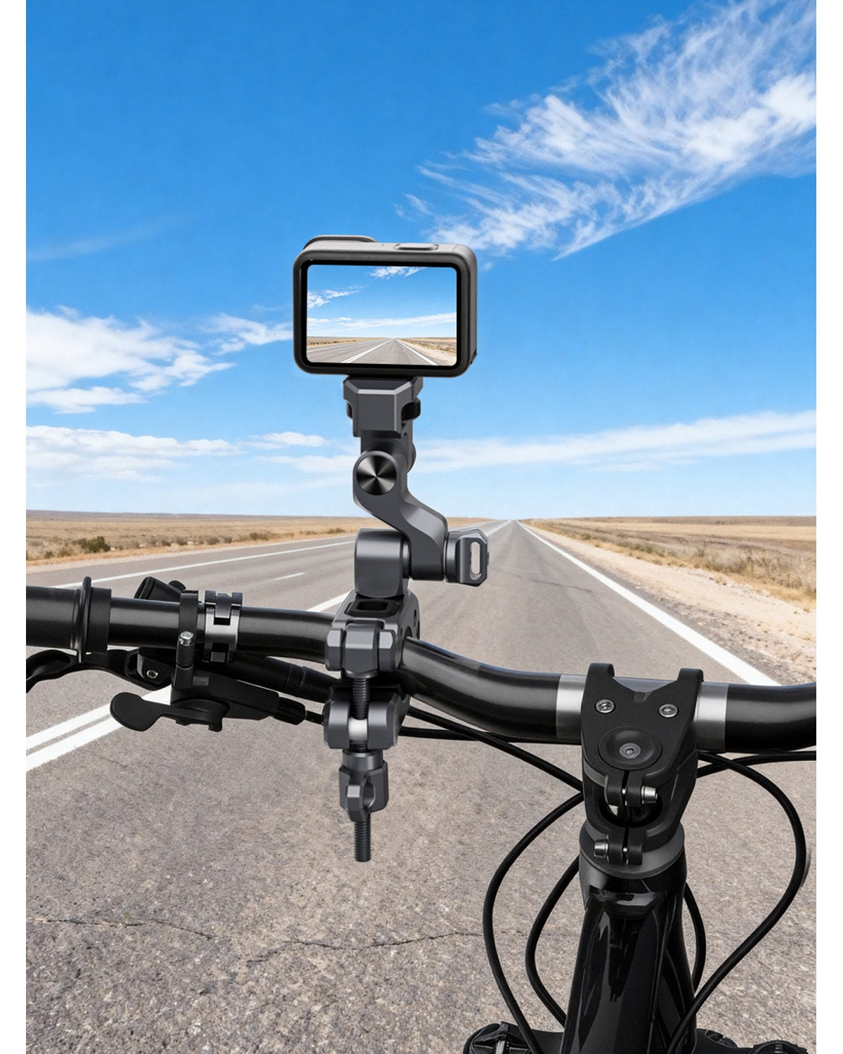 Articulated clamp in a stationary bicycle setup; camera and bicycle not included. [FLW-media-S089-a613c100]