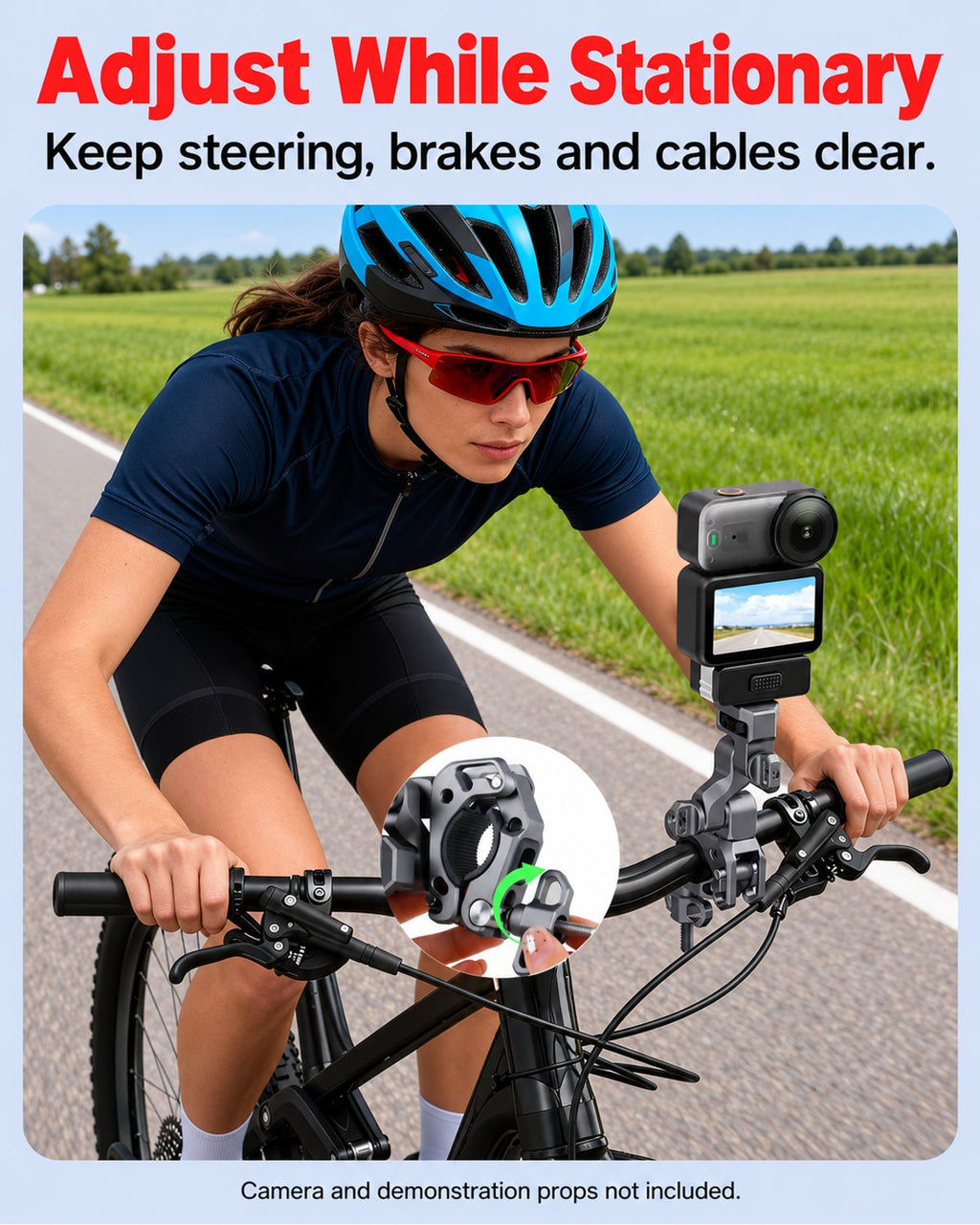 Adjust While Stationary. Keep steering, brakes and cables clear.. Camera and demonstration props not included. [FLW-media-S095-eafc0f6b]