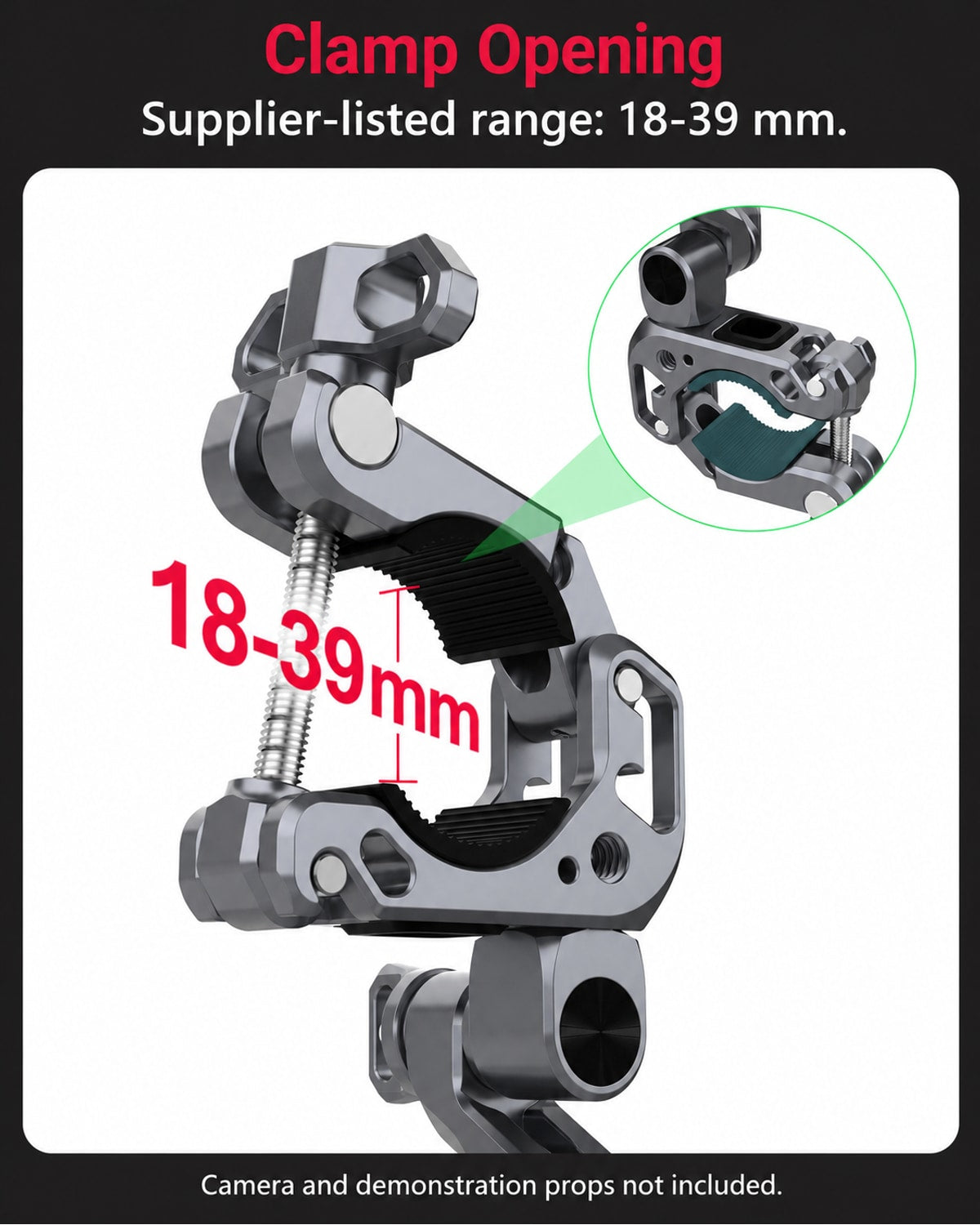 Clamp Opening. Supplier-listed range: 18-39 mm.. Camera and demonstration props not included. [FLW-media-S096-0ff8ea75]