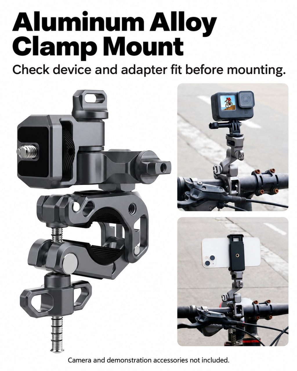 Example camera and phone setups using an articulated clamp; extra devices and adapters not included. [FLW-media-S099-e8455878]