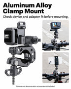 Example camera and phone setups using an articulated clamp; extra devices and adapters not included. [FLW-media-S099-e8455878]