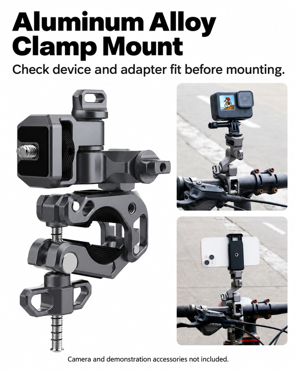 Example camera and phone setups using an articulated clamp; extra devices and adapters not included. [FLW-media-S099-e8455878]