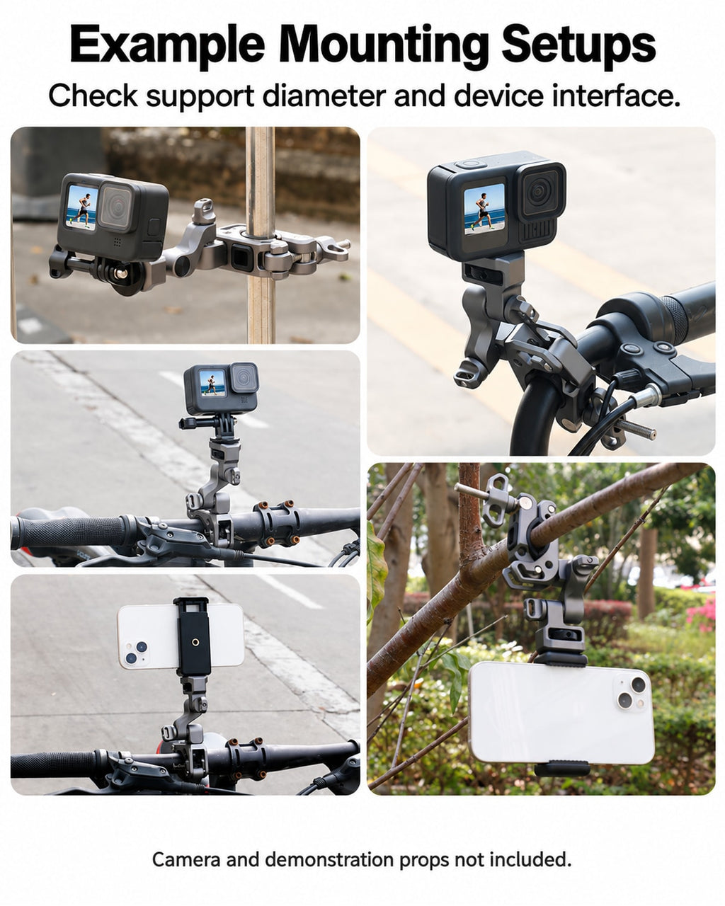 Example Mounting Setups. Check support diameter and device interface.. Camera and demonstration props not included. [FLW-media-S101-80038b10]