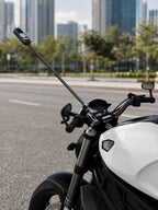 FLW153 extension pole with the separately sold multi-joint clamp in a stationary motorcycle setup; camera, clamp and motorcycle not included