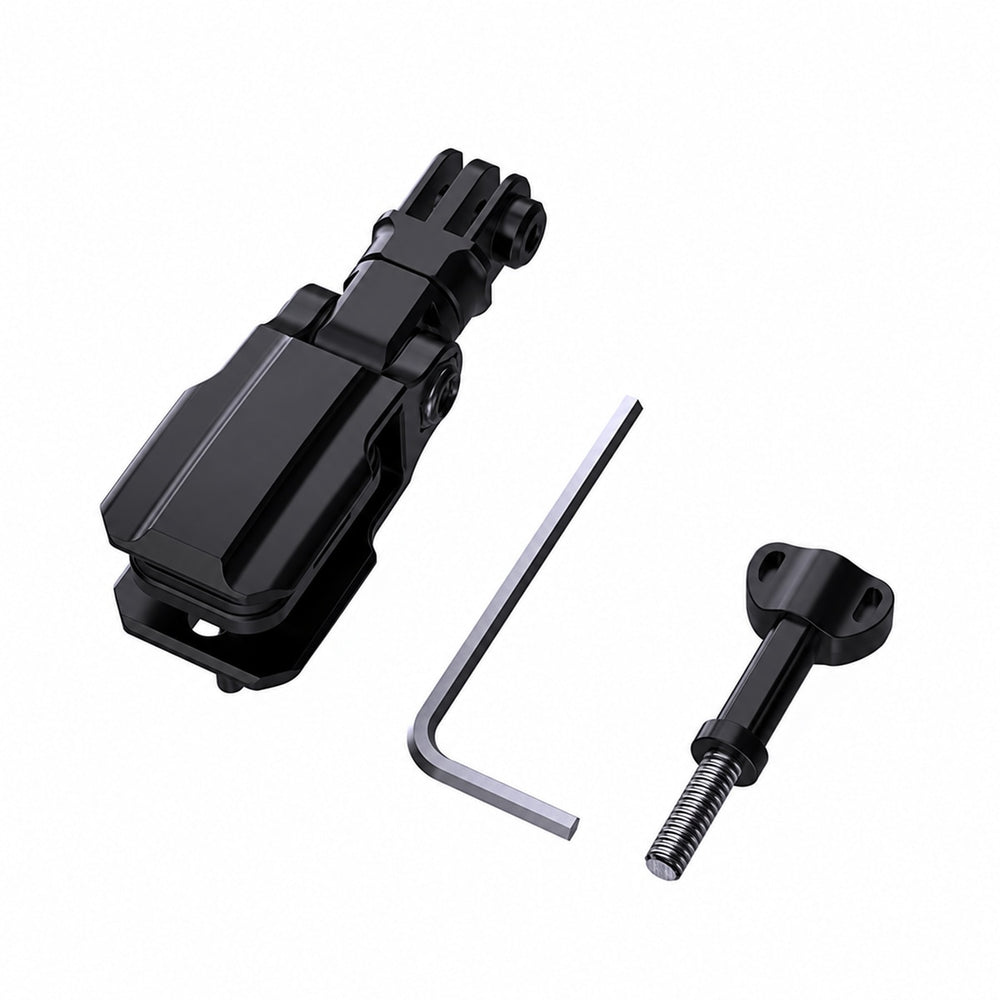 Windshield clip camera mount with one wrench and one mounting screw on white; camera adapter not included