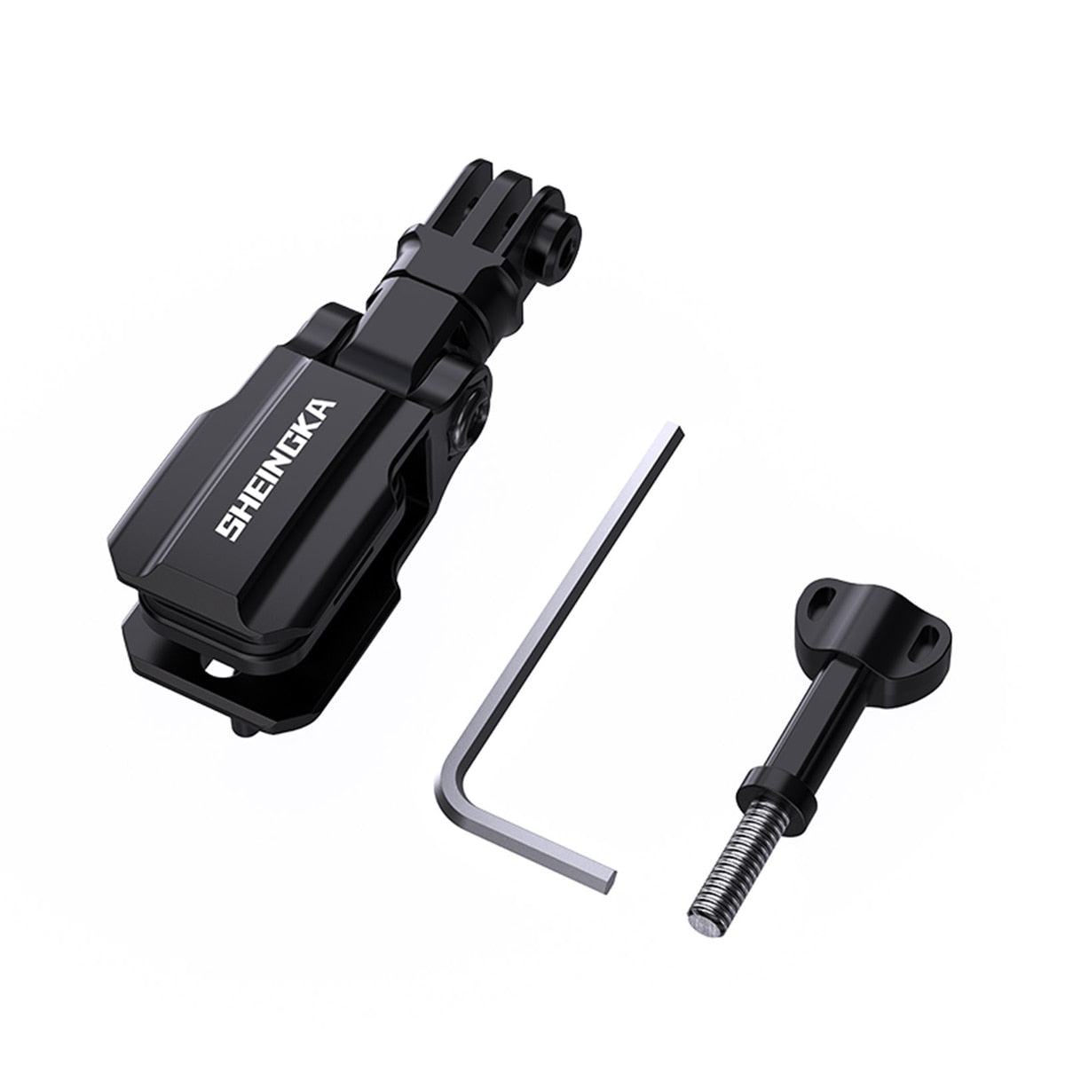 Windshield clip camera mount with one wrench and one mounting screw on white; camera adapter not included
