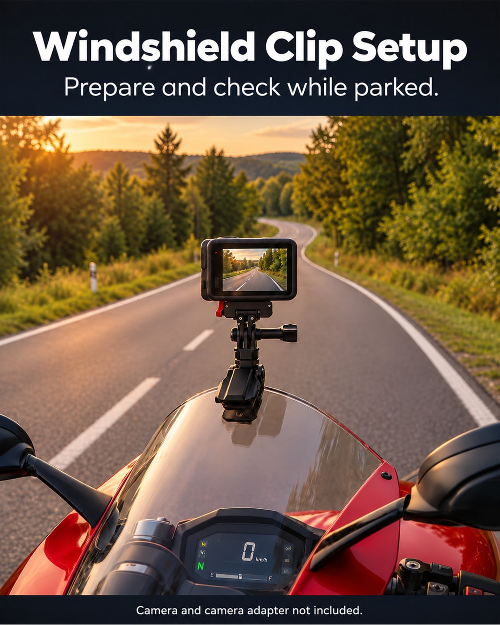 Windshield Clip Setup. Prepare and check while parked.. Camera and demonstration props not included. [FLW-media-S105-6a9dc141]