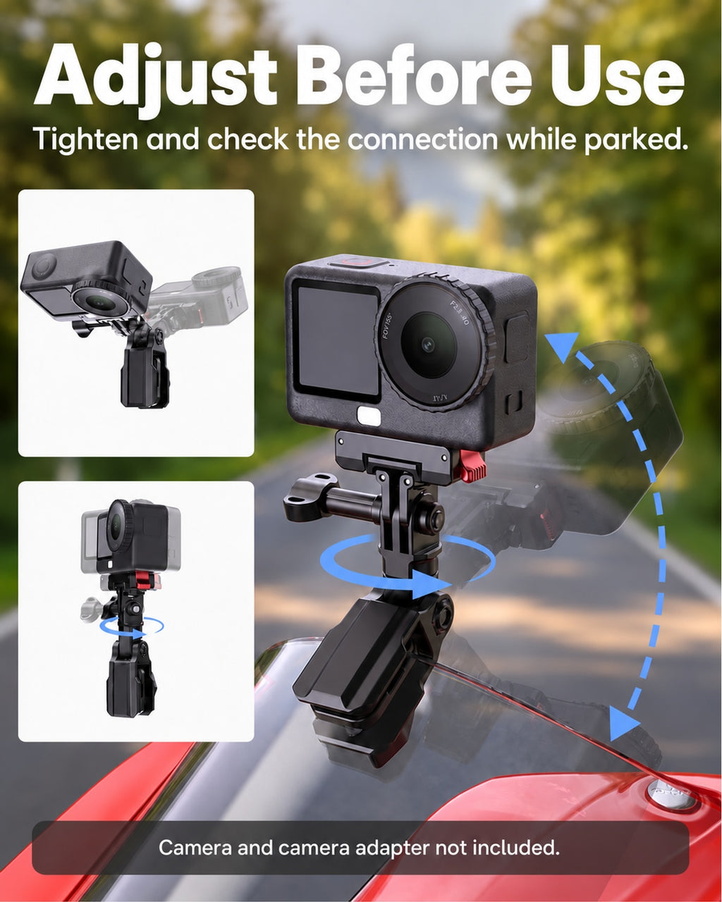 Adjust Before Use. Tighten and check the connection while parked.. Camera and demonstration props not included. [FLW-media-S107-1c28c7e2]