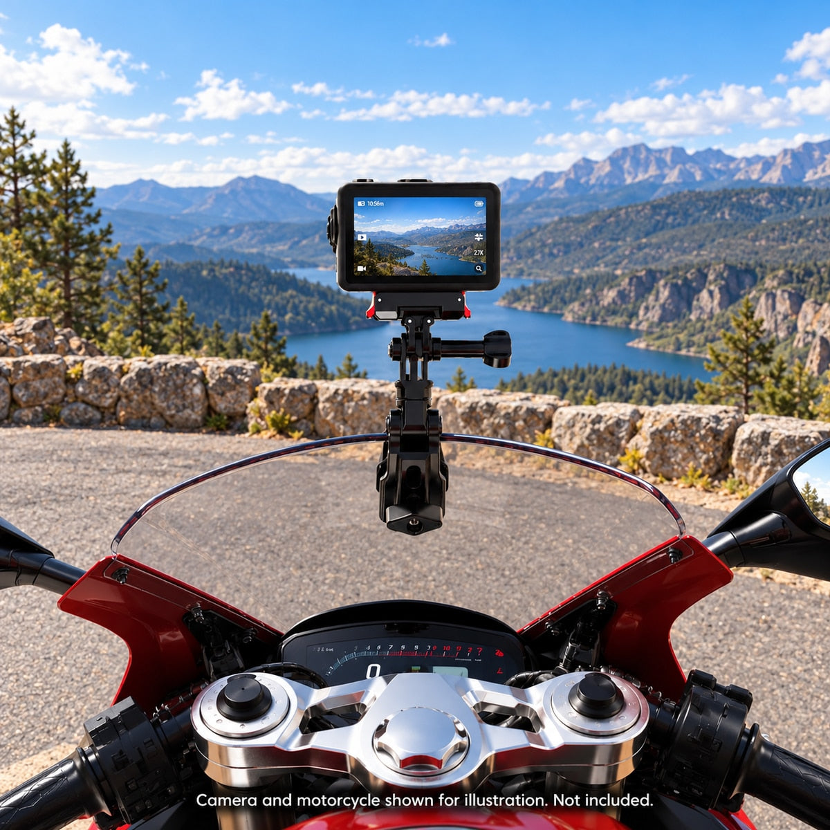 Windshield clip setup on a parked motorcycle with forward-facing camera; camera and adapter not included