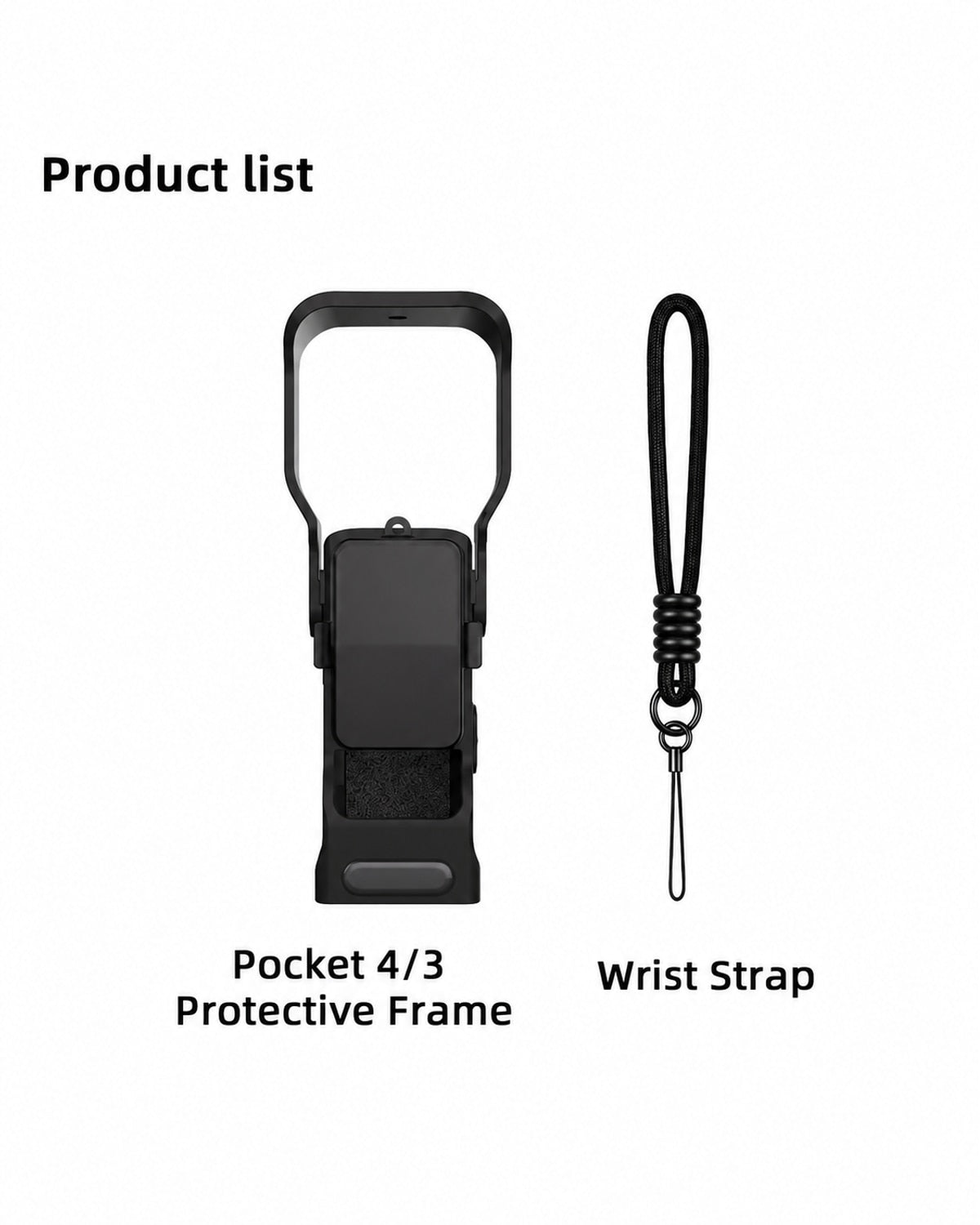 Black protective frame and wrist strap for DJI Osmo Pocket 3 / Pocket 4; black is the only offered color, camera not included.