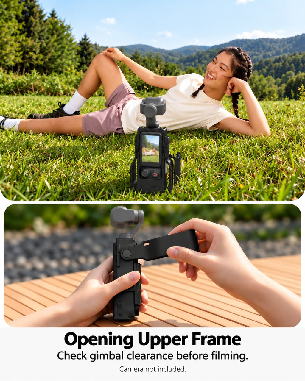 Opening Upper Frame. Check gimbal clearance before filming.. Camera and demonstration props not included. [FLW-media-S119-cb8e070e]