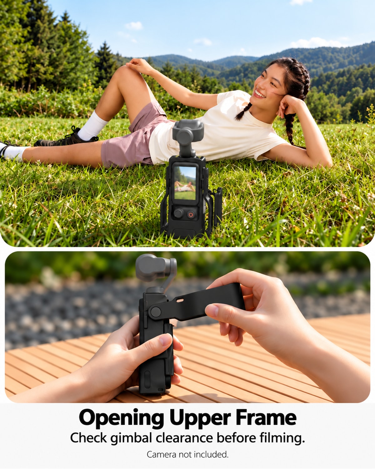 Opening Upper Frame. Check gimbal clearance before filming.. Camera and demonstration props not included. [FLW-media-S119-cb8e070e]