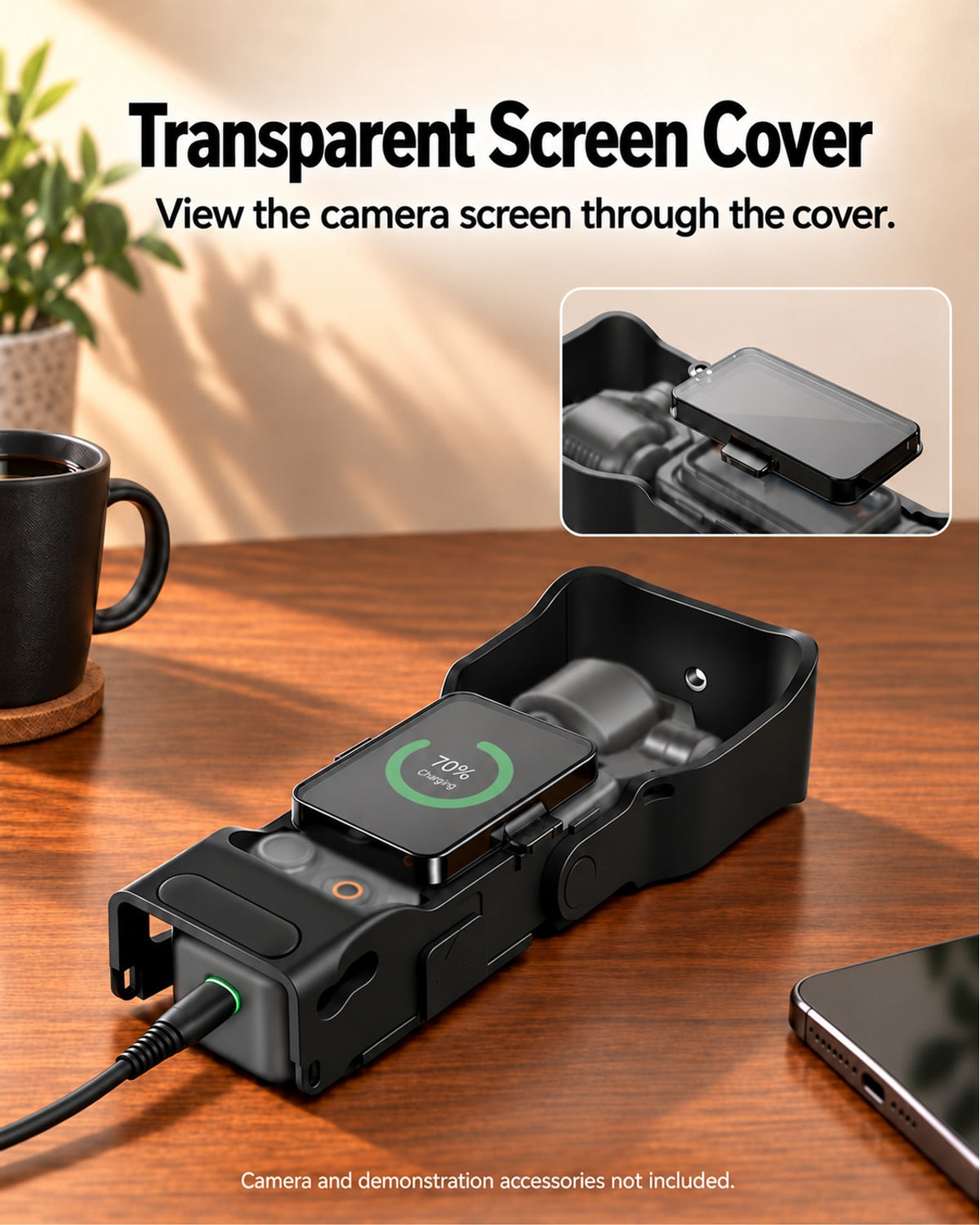 Black frame with a visible charging-status window; camera and charging accessories not included. [FLW-media-S122-4ec99345]