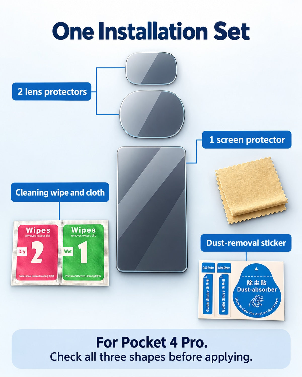 Two lens protectors, one screen protector and cleaning accessories for Pocket 4 Pro