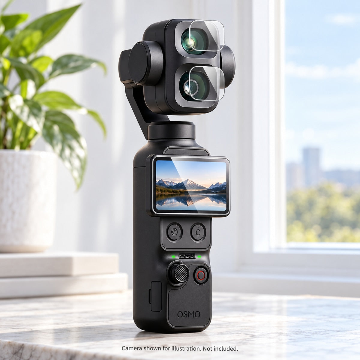 Pocket 4 Pro dual-lens protector alignment illustration; camera not included