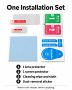 One lens protector, one screen protector and cleaning accessories; match the shapes before applying
