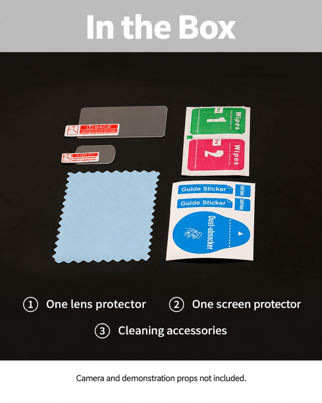 In the Box. One lens protector. One screen protector. Cleaning accessories. Camera and demonstration props not included. [FLW-media-S147-771abc21]