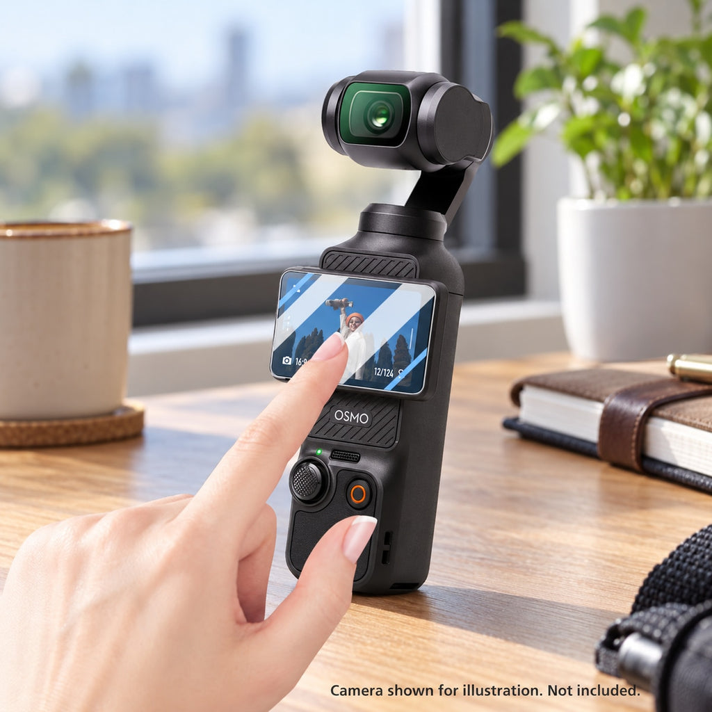 Pocket 3 style camera with screen protector checked during preparation; camera not included