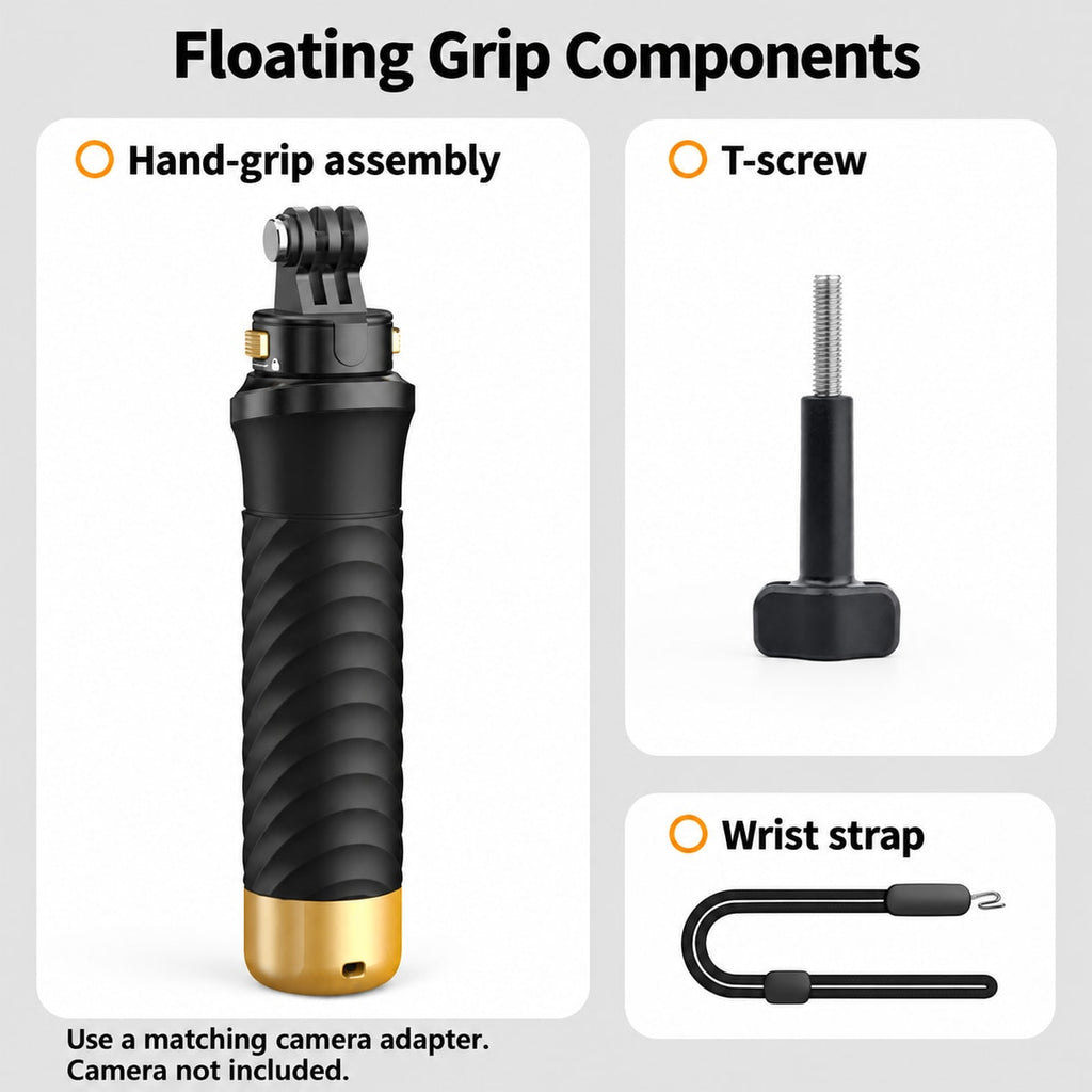 BARUNOR grip EN 20261020 01: Floating Grip Components; Hand-grip assembly; T-screw; Wrist strap; Use a matching camera adapter.; Camera not included.