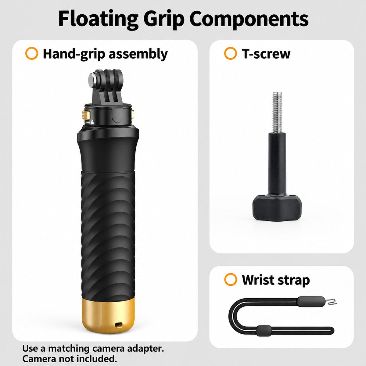 BARUNOR grip EN 20261020 01: Floating Grip Components; Hand-grip assembly; T-screw; Wrist strap; Use a matching camera adapter.; Camera not included.