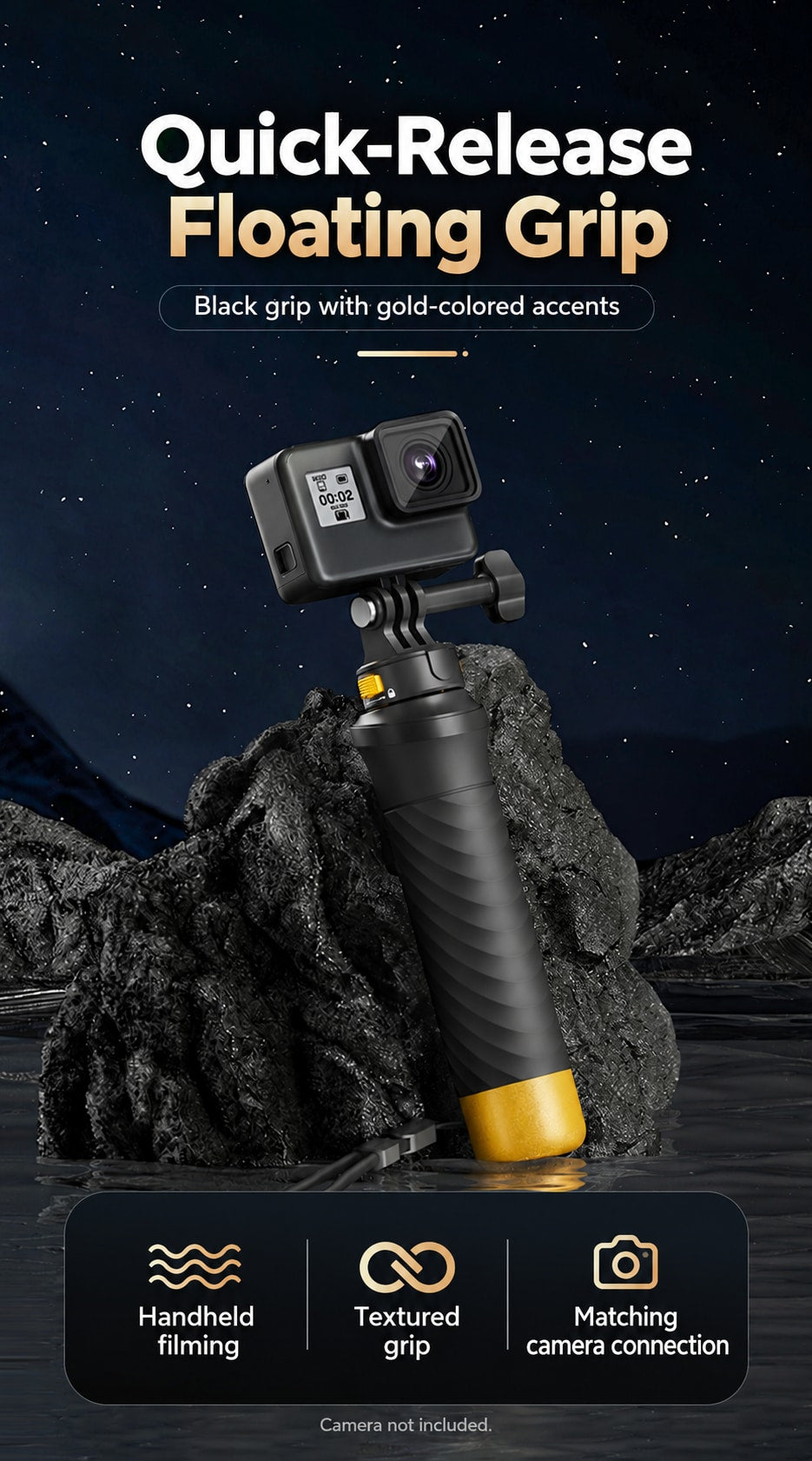 BARUNOR grip EN 20261020 02: Quick-Release Floating Grip; Black grip with gold-colored accents; Handheld filming; Textured grip; Matching camera connection; Camera not included.