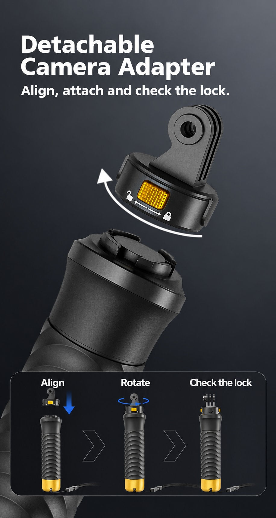 BARUNOR grip EN 20261020 03: Detachable Camera Adapter; Align, attach and check the lock.; Align; Rotate; Check the lock