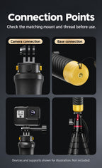 BARUNOR grip EN 20261020 06: Connection Points; Camera connection; Base connection; Check the matching mount and thread before use.; Devices and supports shown for illustration. Not included.
