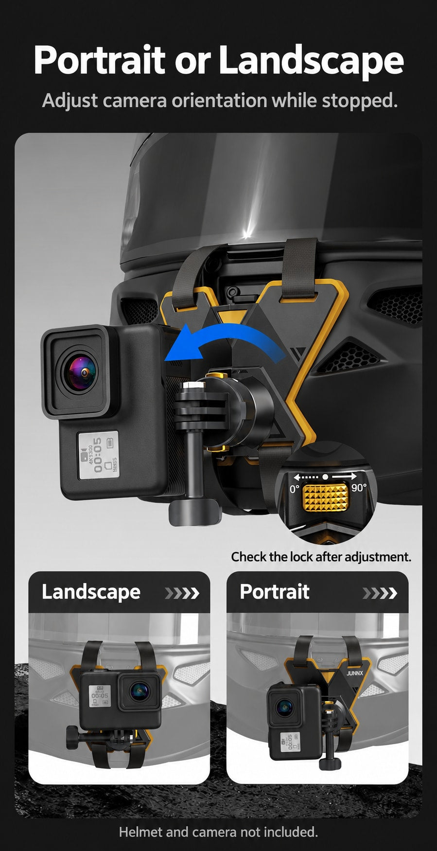 BARUNOR helmet-chin EN 20261020 01: Portrait and landscape camera positioning on the helmet chin mount; adjust while stopped