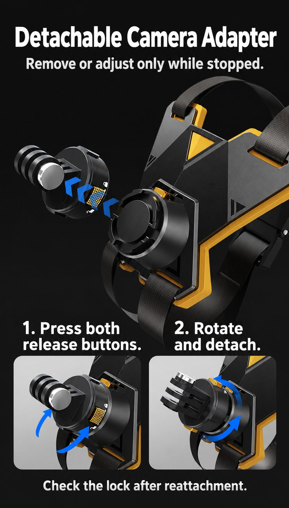 BARUNOR helmet-chin EN 20261020 03: Detachable camera adapter with dual release-button and rotation illustrations