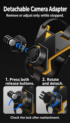 BARUNOR helmet-chin EN 20261020 03: Detachable camera adapter with dual release-button and rotation illustrations