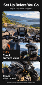 BARUNOR helmet-chin EN 20261020 04: Illustrated stationary pre-departure attachment and camera-view checks; not a speed or safety test