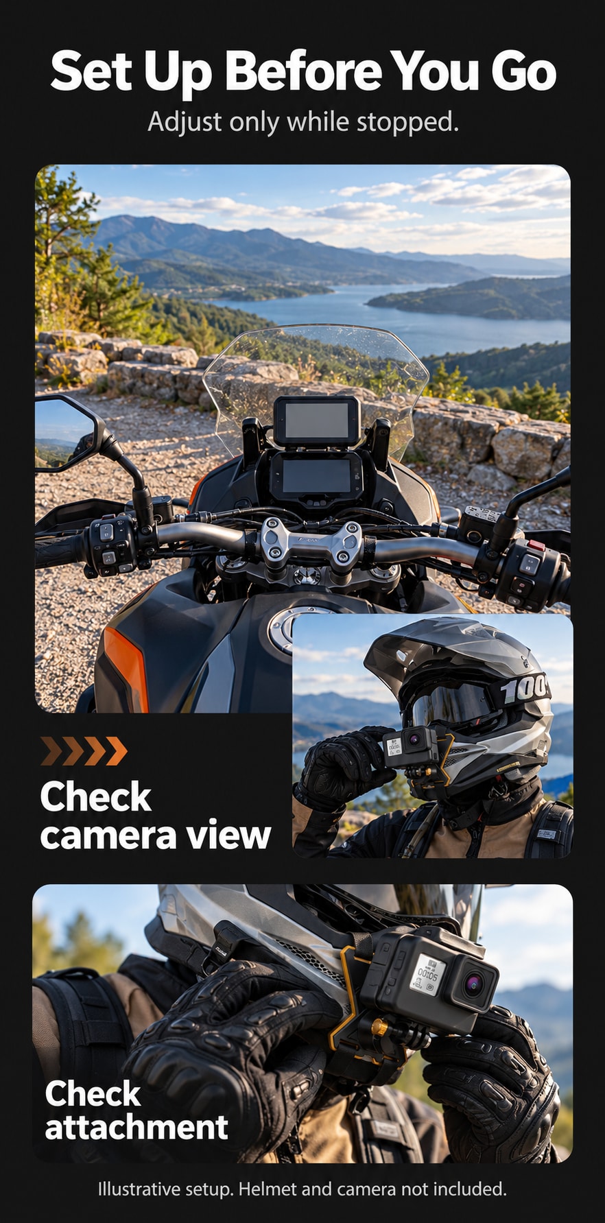 BARUNOR helmet-chin EN 20261020 04: Illustrated stationary pre-departure attachment and camera-view checks; not a speed or safety test