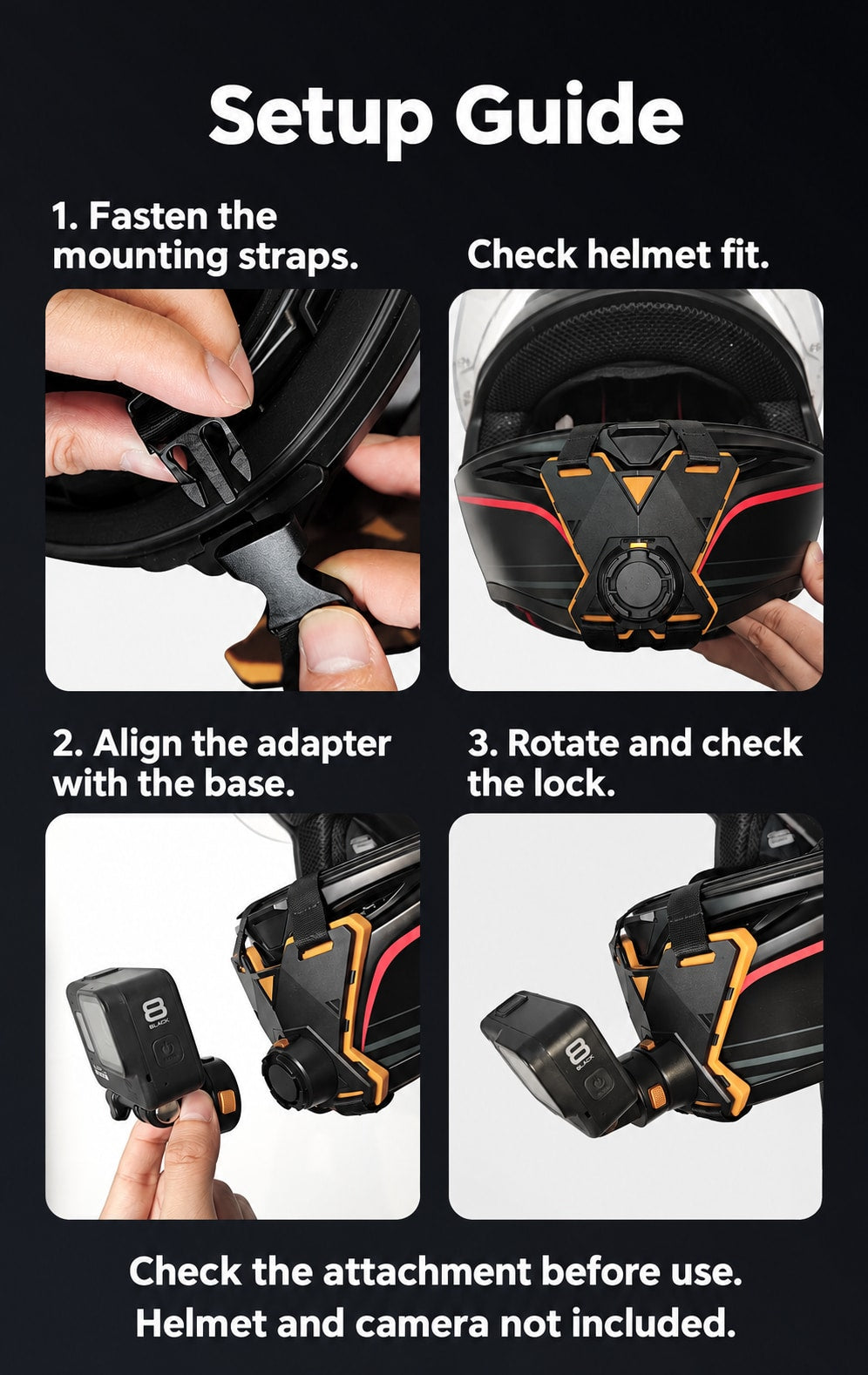 BARUNOR helmet-chin EN 20261020 05: Helmet chin-mount setup guide: fasten straps, check helmet fit, align the adapter and check the lock