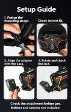 BARUNOR helmet-chin EN 20261020 05: Helmet chin-mount setup guide: fasten straps, check helmet fit, align the adapter and check the lock