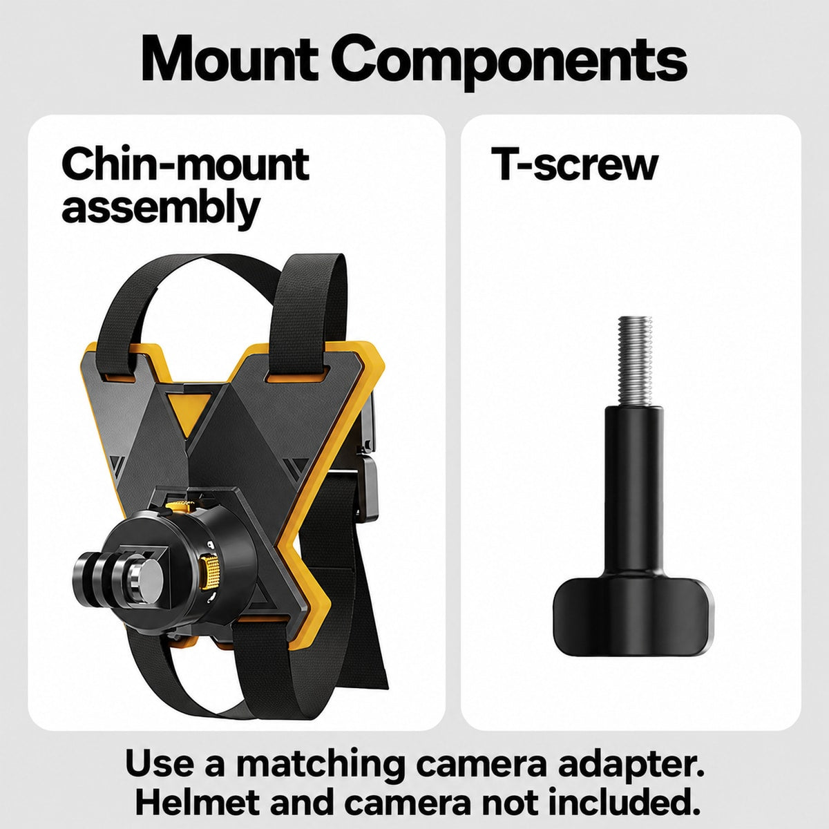 BARUNOR helmet-chin EN 20261020 09: Helmet chin-mount assembly and T-screw component overview; helmet and camera not included