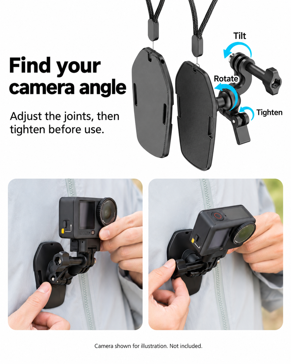 Adjustable camera mount joints and real examples of setting the camera angle; camera not included