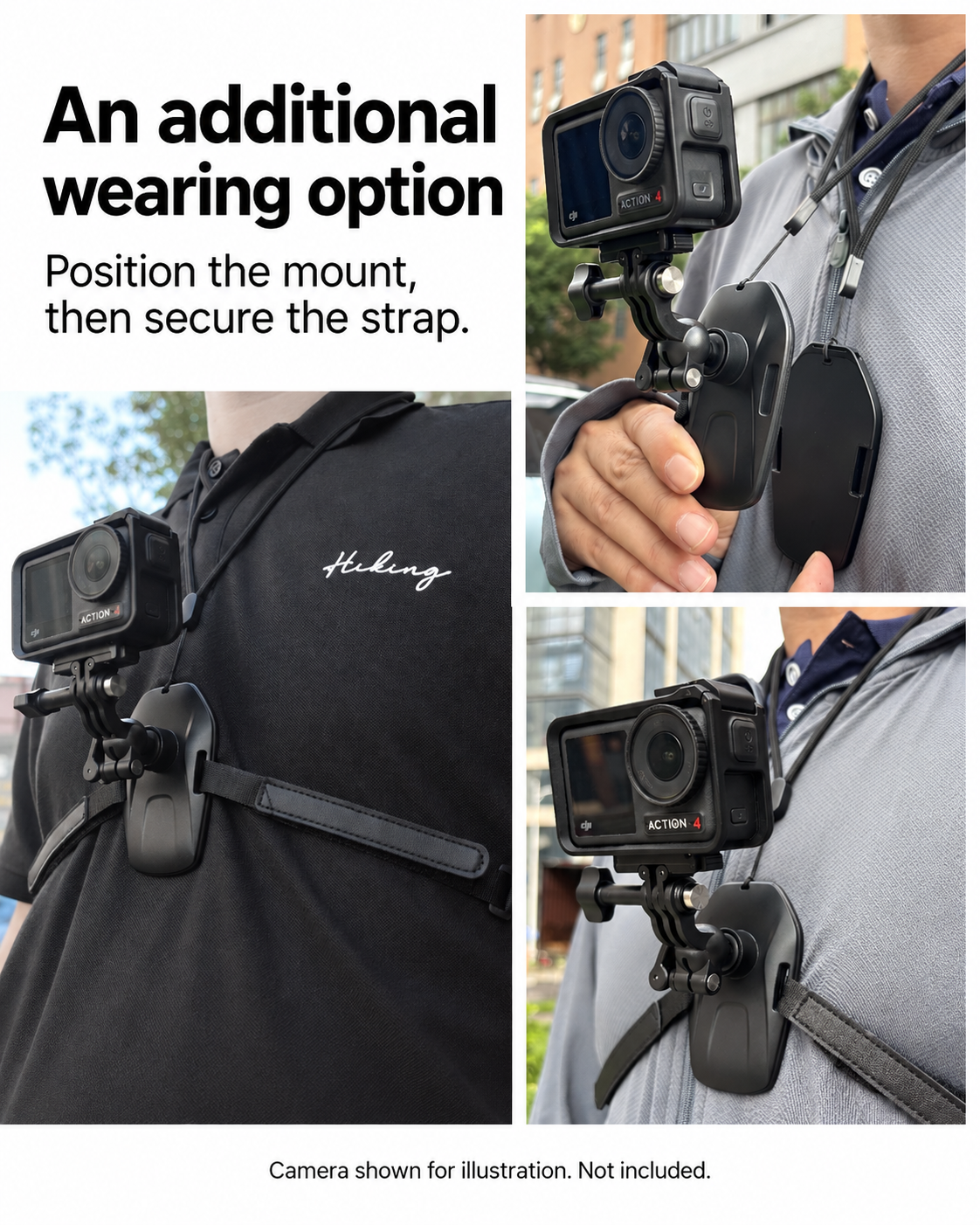 Real examples of the camera mount with neck cords and a band threaded through the side slots; camera not included