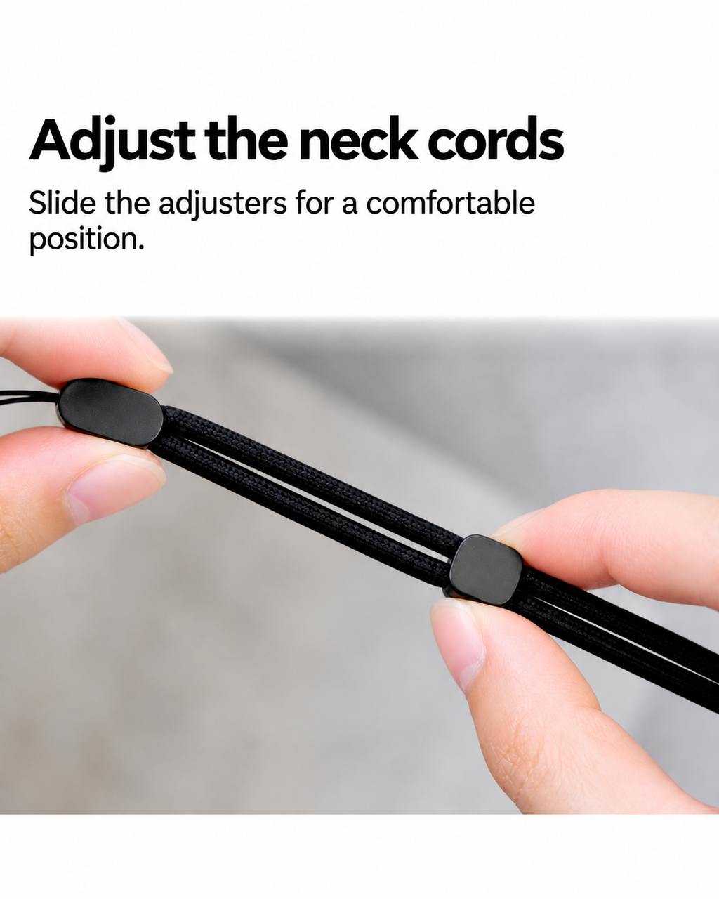 Close-up of the sliding adjusters on the black neck cords