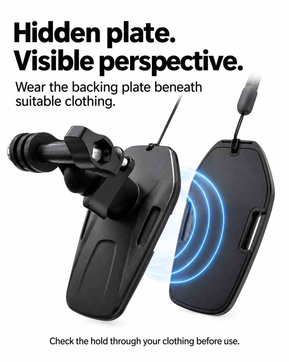 Two-part magnetic wearable mount with separate backing plate and camera-side articulated arm
