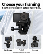 Landscape, portrait and inverted camera framing examples on the same magnetic mount; camera not included