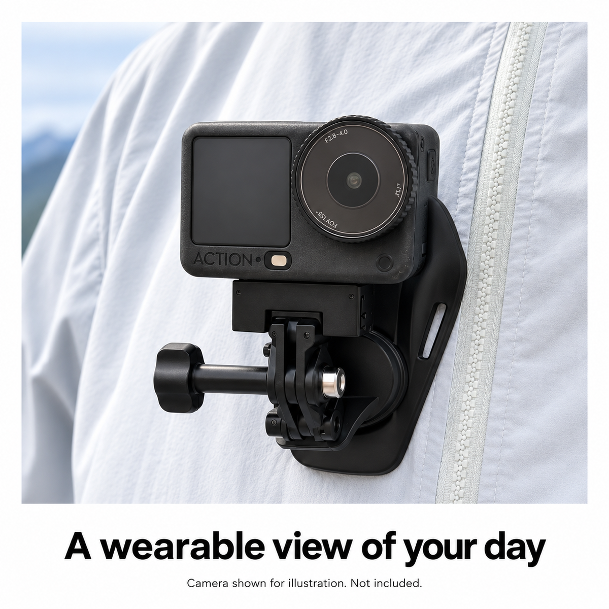Hidden magnetic neck camera mount worn on a gray jacket; camera shown for illustration and not included