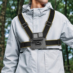 BARUNOR square scene 20261019: Square worn chest-harness usage illustration; camera and jacket not included
