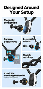 BARUNOR neck EN 20261020 02: Designed Around Your Setup; Magnetic connection; Camera positioning; Detachable adapter; Flexible neck loop; Check the mounting connection.; Camera not included.