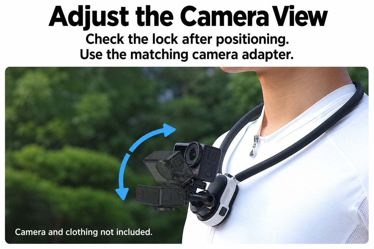 BARUNOR neck EN 20261020 03: Adjust the Camera View; Check the lock after positioning.; Use the matching camera adapter.; Camera and clothing not included.