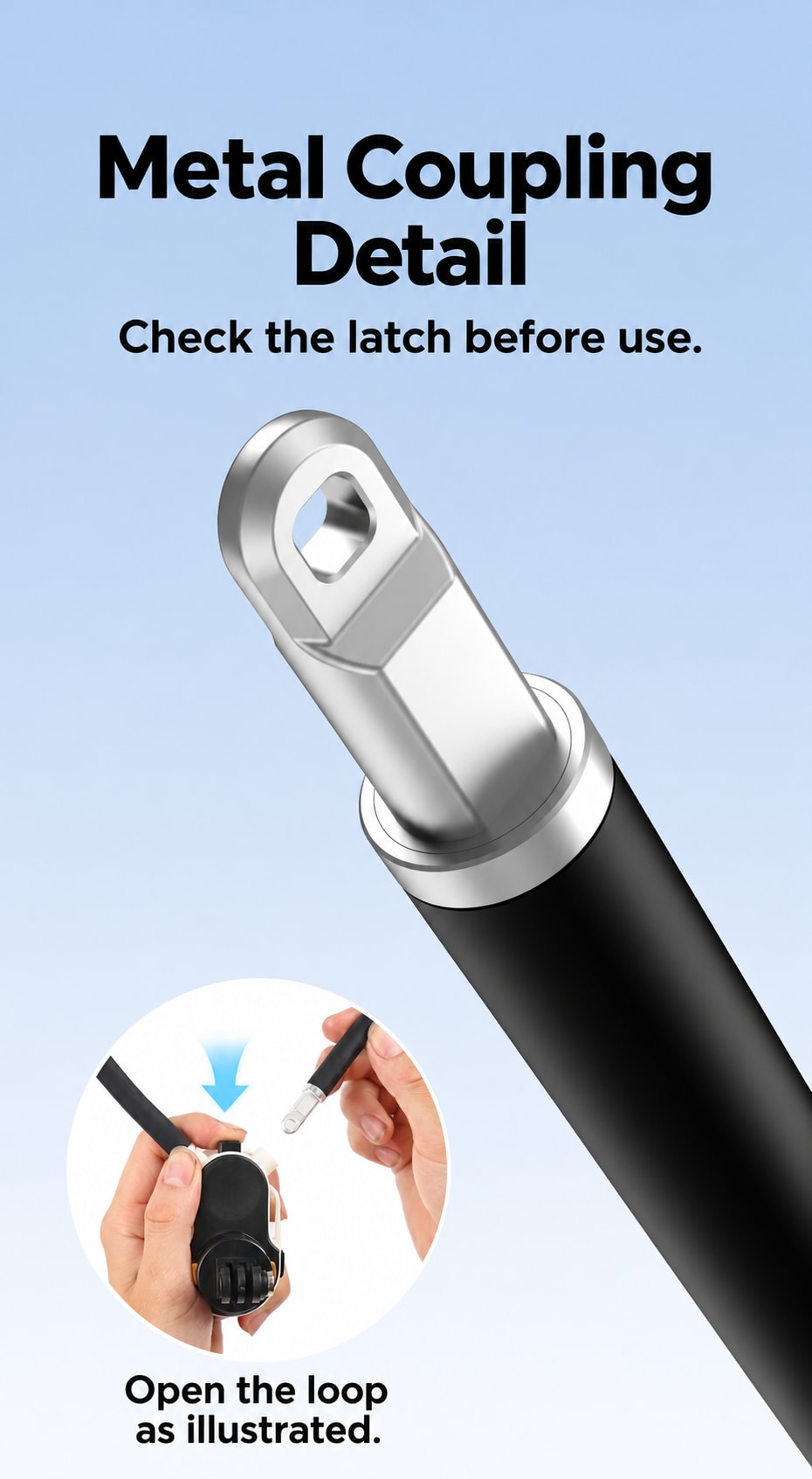 BARUNOR neck EN 20261020 05: Metal Coupling Detail; Check the latch before use.; Open the loop as illustrated.