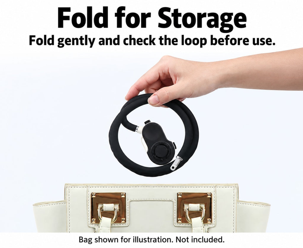 BARUNOR neck EN 20261020 10: Fold for Storage; Fold gently and check the loop before use.; Bag shown for illustration. Not included.