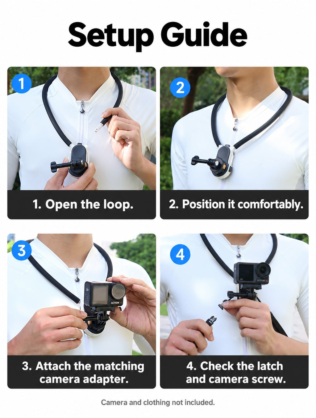 BARUNOR neck EN 20261020 12: Setup Guide; 1. Open the loop.; 2. Position it comfortably.; 3. Attach the matching camera adapter.; 4. Check the latch and camera screw.; Camera and clothing not included.