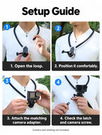 BARUNOR neck EN 20261020 12: Setup Guide; 1. Open the loop.; 2. Position it comfortably.; 3. Attach the matching camera adapter.; 4. Check the latch and camera screw.; Camera and clothing not included.