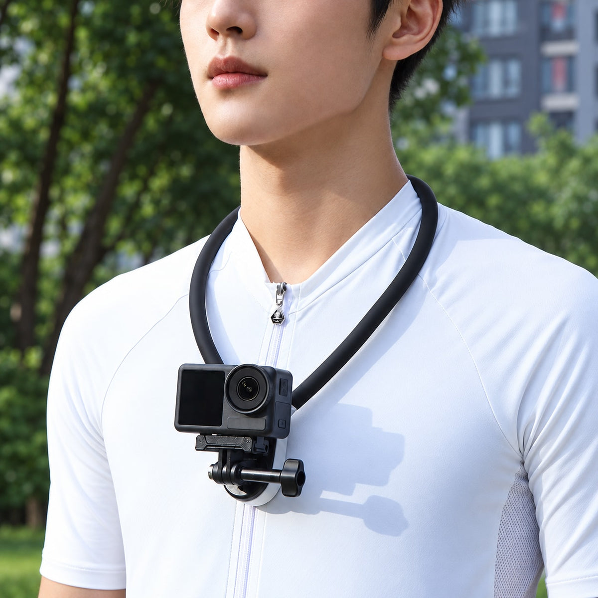 BARUNOR square scene 20261019: Square worn neck-mount usage illustration; camera and clothing not included