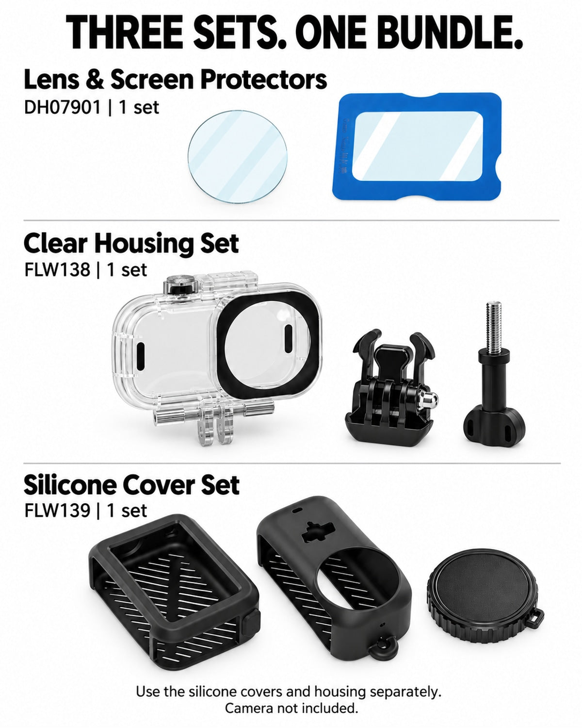 Three sets in one Nano protection bundle: DH07901 lens and screen protectors, FLW138 housing set and FLW139 silicone cover set, one each; use covers and housing separately; camera not included